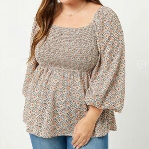 NWT Haydin LA Puff Long Sleeve Smocked Babydoll Top, Square Neck Size Small‎